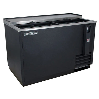 Black refrigerated display case with a silver top on a white background