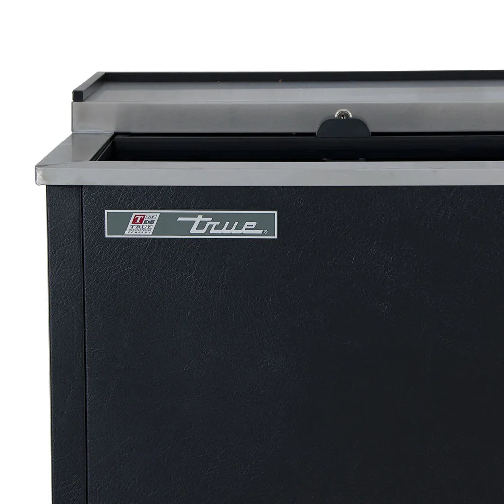 Black freezer with 'True' brand logo on a white background