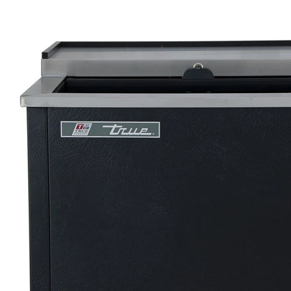 Black freezer with 'True' brand logo on a white background