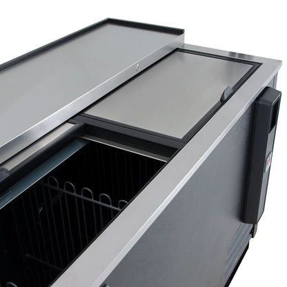 Commercial refrigerator with open door on a white background