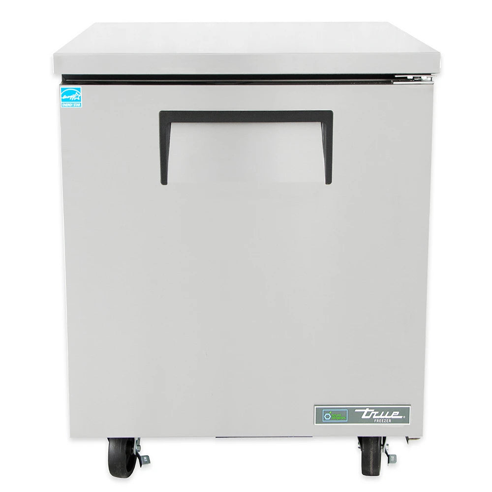 Stainless steel undercounter freezer with a white background