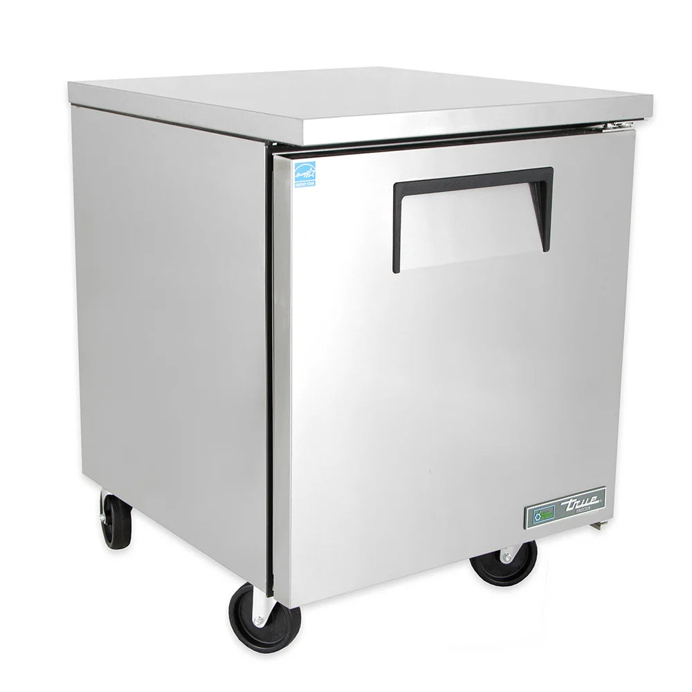 Stainless steel undercounter freezer with a visible brand logo on a white background