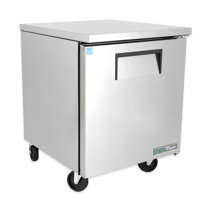 Stainless steel undercounter freezer with a visible brand logo on a white background