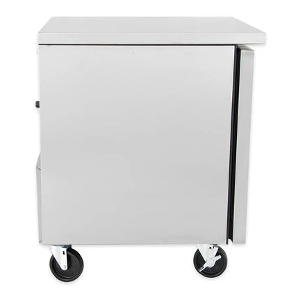 Stainless steel freezer on wheels with a white background
