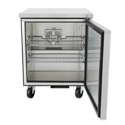 Stainless steel refrigerator with open door on a white background