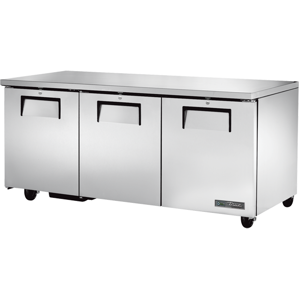 True TUC-72-HC 72.38"W Three-Section Stainless Steel Door Undercounter Refrigerator