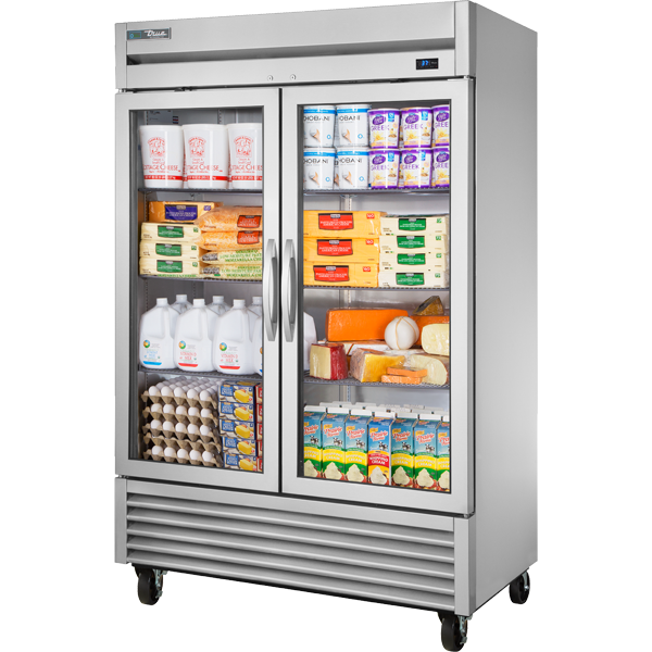 True T-49G-HC~FGD01 2 Glass Doors 6 PVC Coated Adjustable Wire Shelves LED Interior Lightning Reach-In Refrigerator - 115 Volts