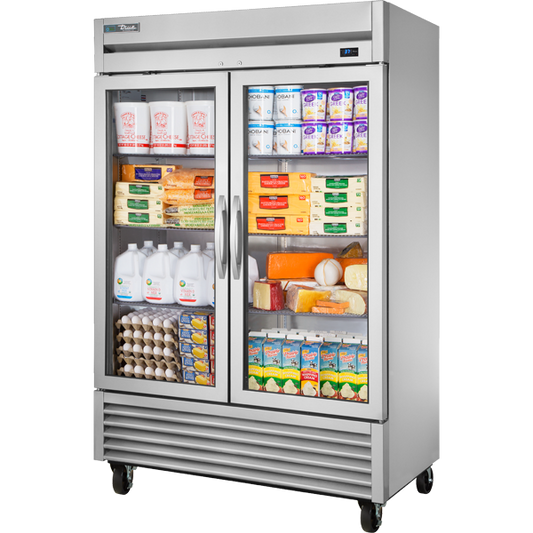 True T-49G-HC~FGD01 2 Glass Doors 6 PVC Coated Adjustable Wire Shelves LED Interior Lightning Reach-In Refrigerator - 115 Volts