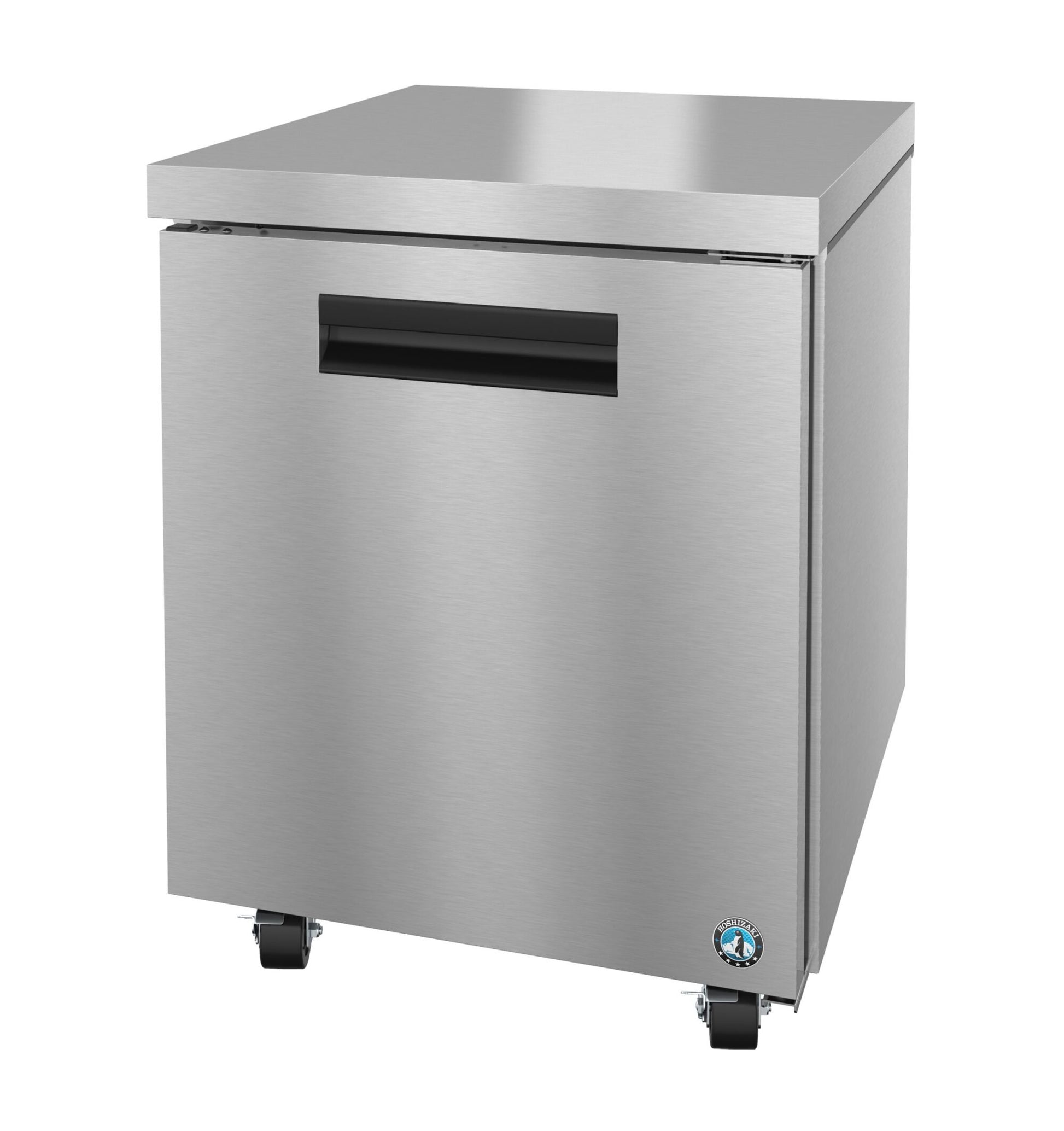 Stainless steel undercounter refrigerator on a white background