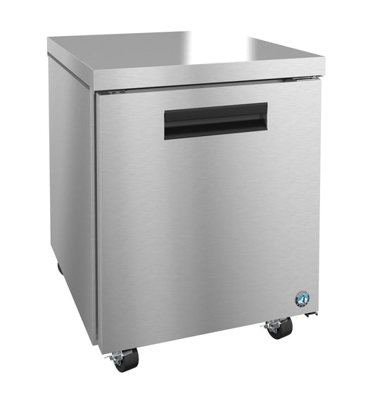 Stainless steel undercounter freezer on a white background
