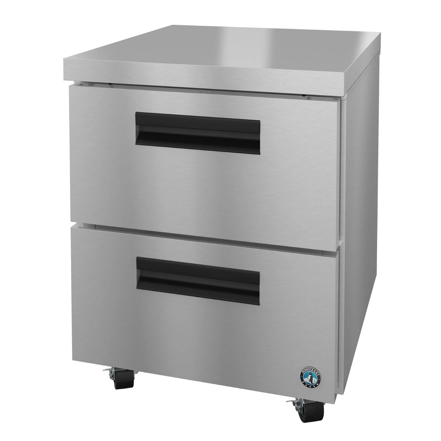 Stainless steel undercounter refrigerator with two drawers on a white background