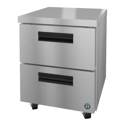 Stainless steel undercounter refrigerator with two drawers on a white background