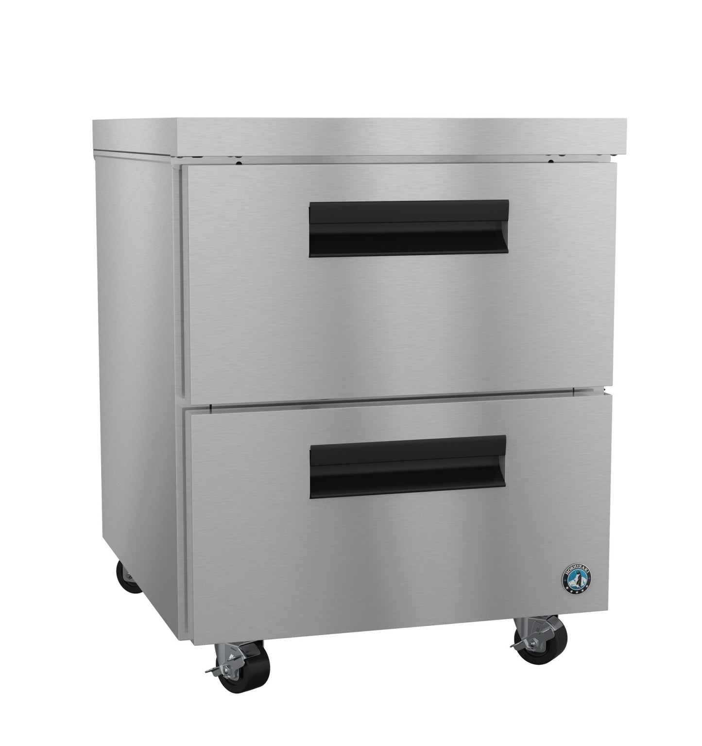 Stainless steel two-drawer refrigerator on a white background