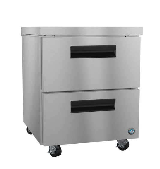 Stainless steel two-drawer refrigerator on a white background