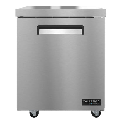 Stainless steel undercounter refrigerator with Valiance logo on a white background