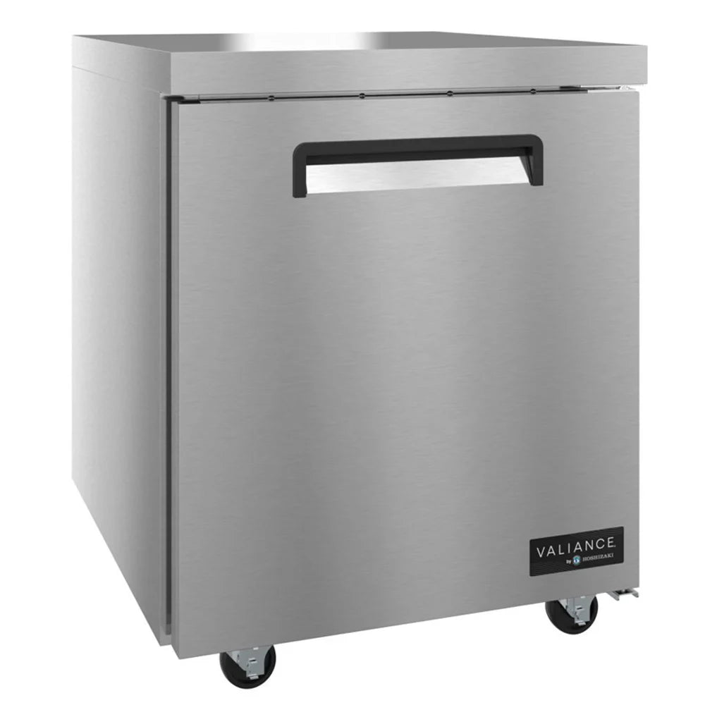 Stainless steel undercounter refrigerator with Valiance logo on a white background