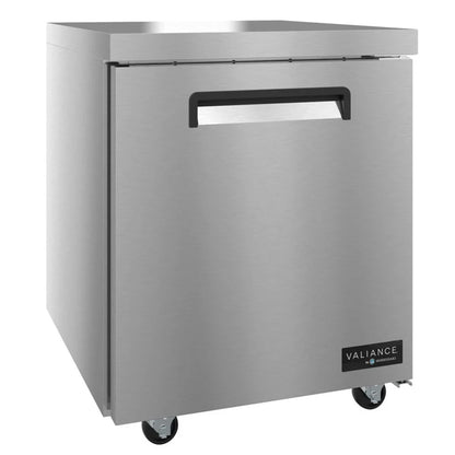 Stainless steel undercounter refrigerator with Valiance logo on a white background