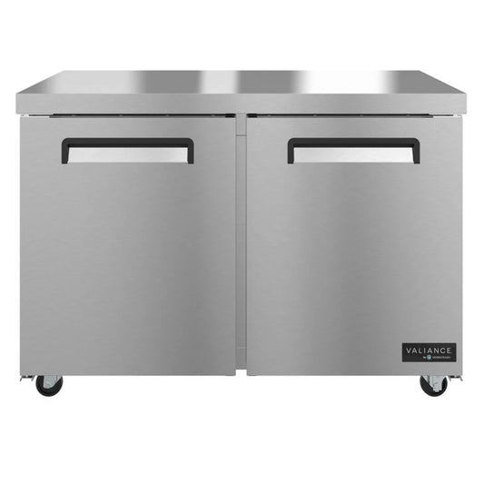 Stainless steel undercounter refrigerator with two doors on a white background