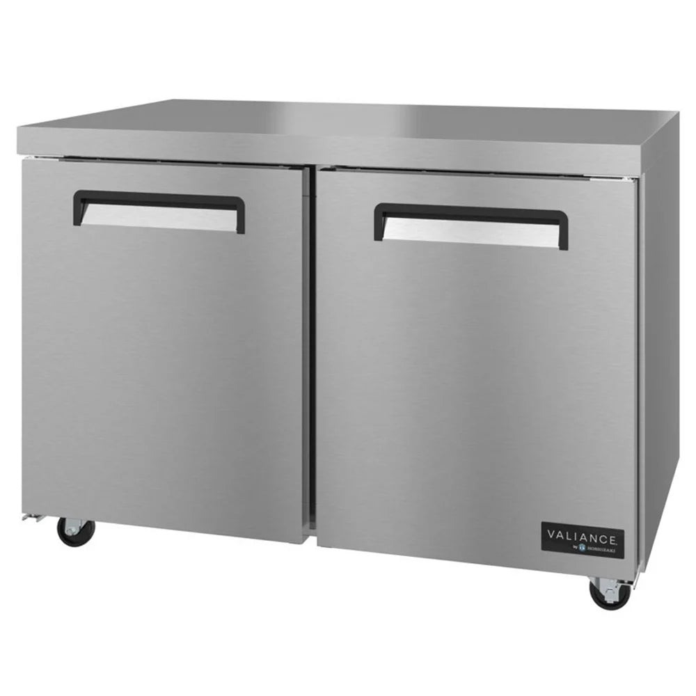 Stainless steel undercounter refrigerator with two doors on a white background