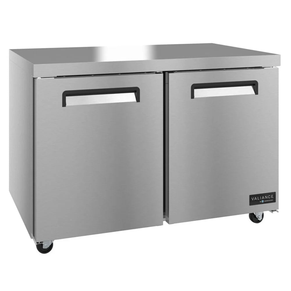 Stainless steel undercounter refrigerator with two doors on a white background