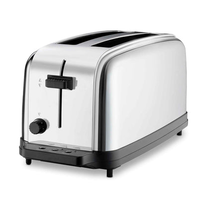 Silver toaster with black accents on a white background