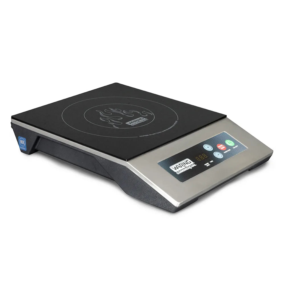 Portable induction cooktop with digital display on a white background