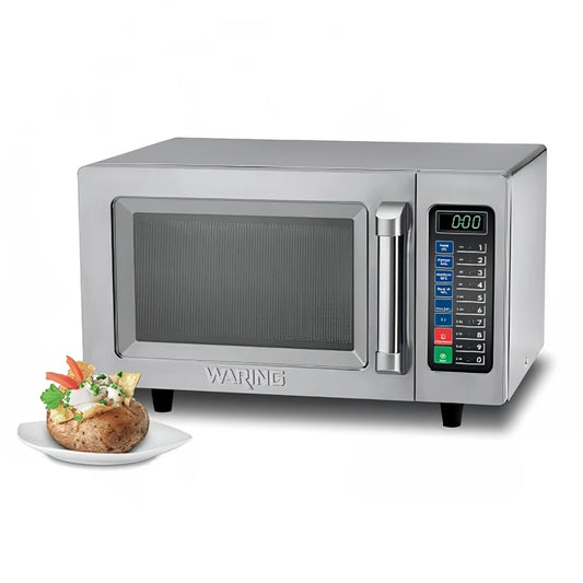 Commercial microwave oven with digital display on a white background