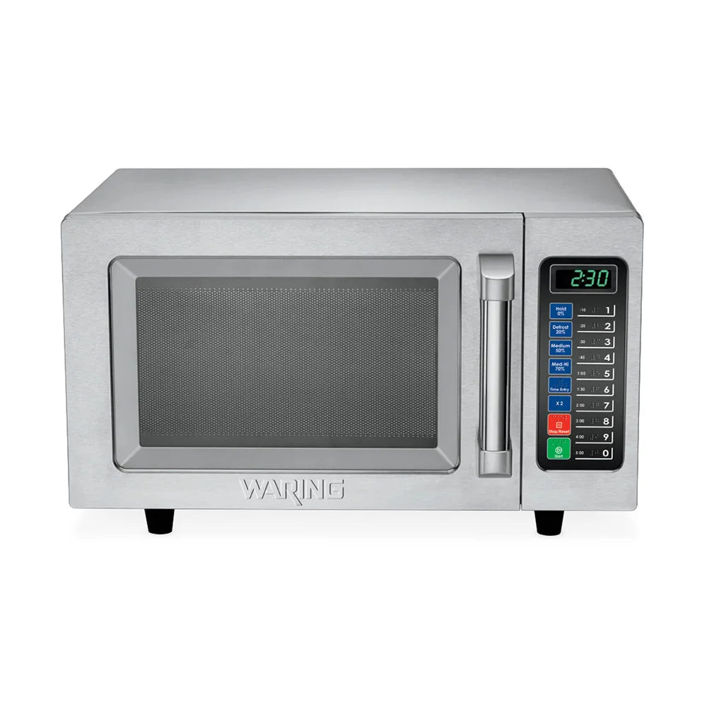 Stainless steel Waring commercial microwave oven on a white background