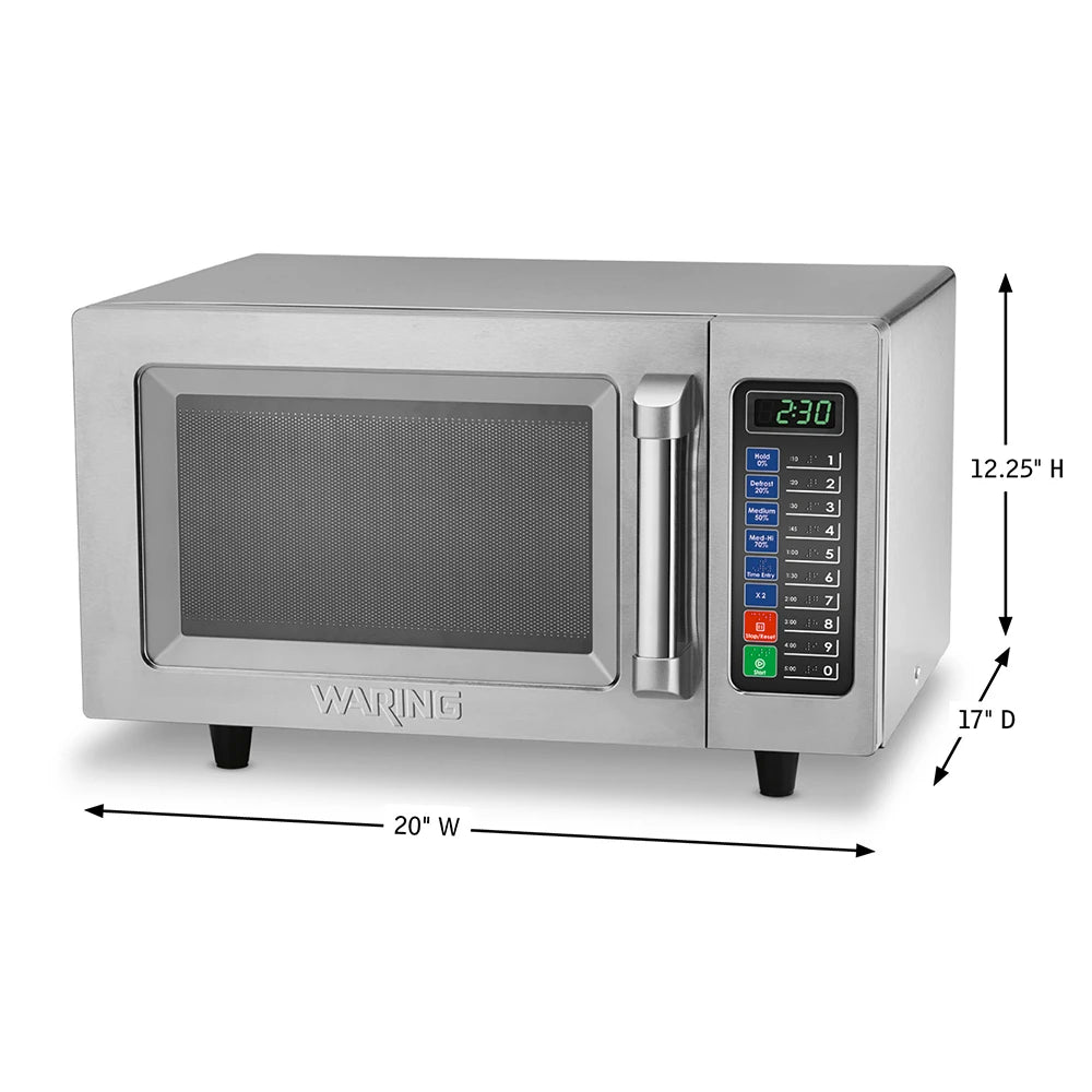 Stainless steel commercial microwave oven with digital display and dimensions on a white background