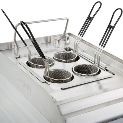 Stainless steel deep fryer basket with four compartments on a white background