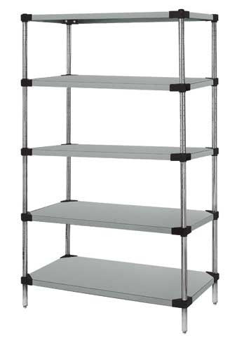 Metal shelving unit with five shelves on a white background