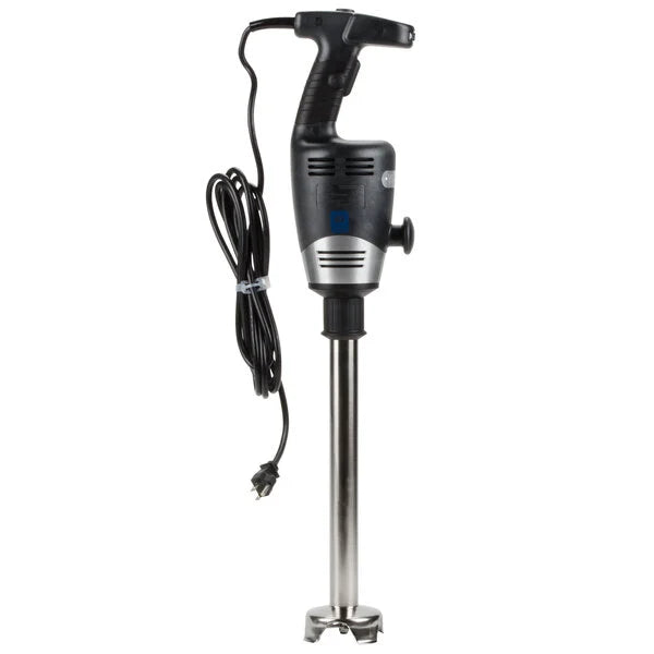 Handheld electric mixer with a black handle and silver base on a white background