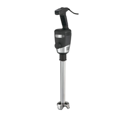 Stainless steel immersion blender on a white background