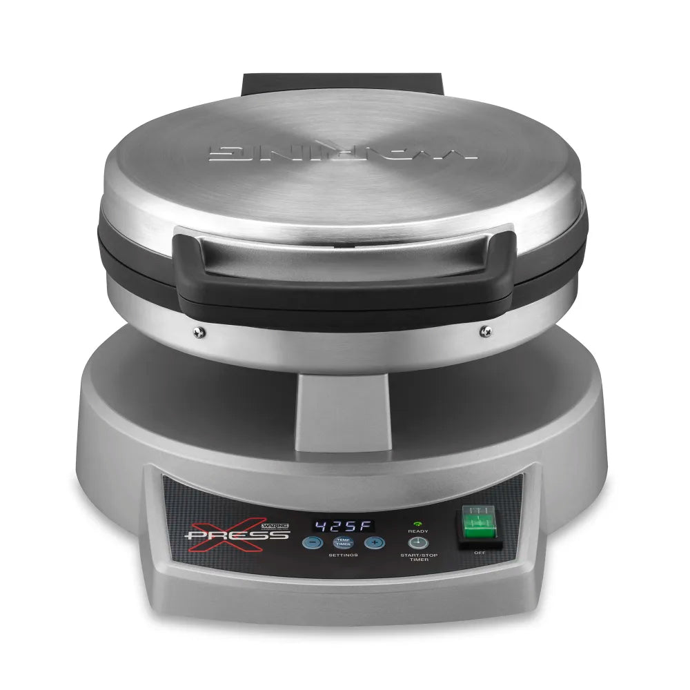 Silver waffle maker with digital display on a white background