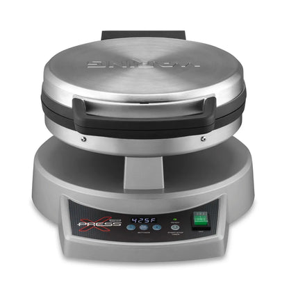 Silver waffle maker with digital display on a white background