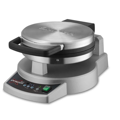 Silver waffle maker with digital display on a white background