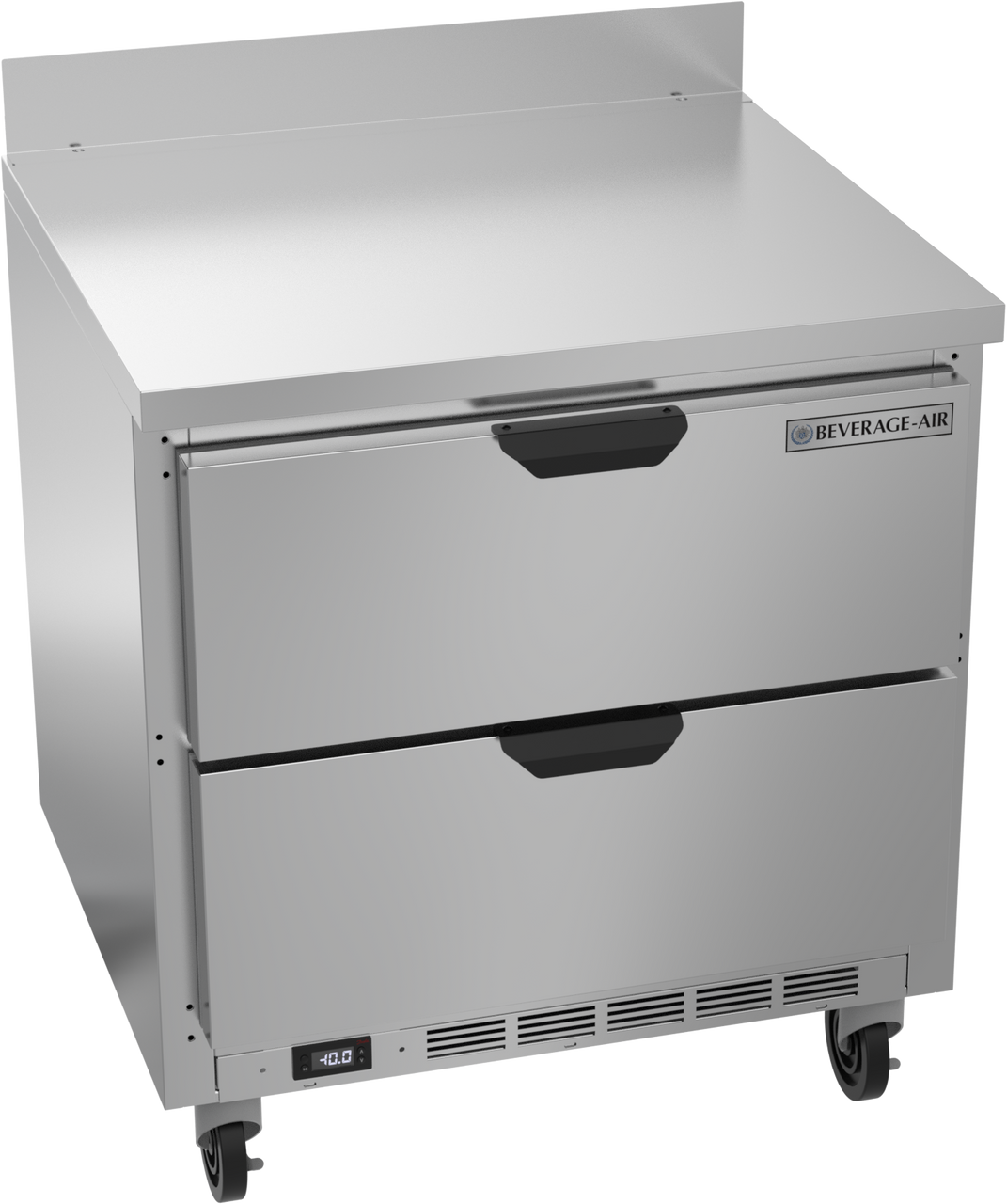 Stainless steel refrigerator with two drawers and a visible brand logo on a white background