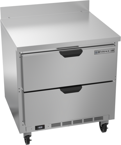 Stainless steel refrigerator with two drawers and a visible brand logo on a white background