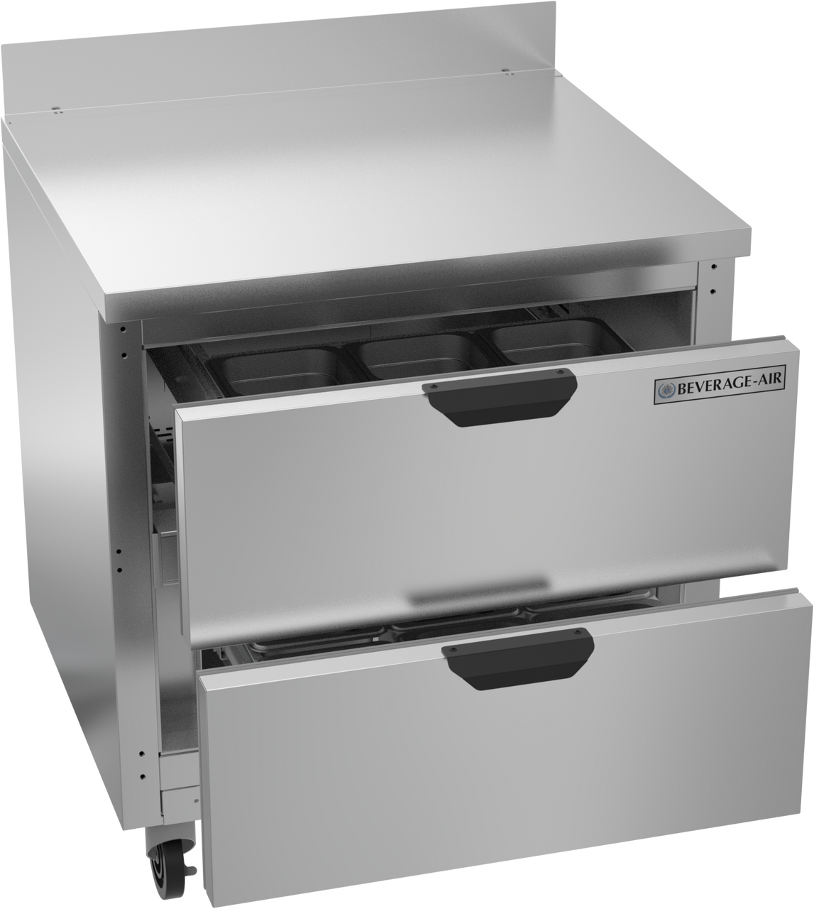 Stainless steel undercounter refrigerator with drawers on a white background