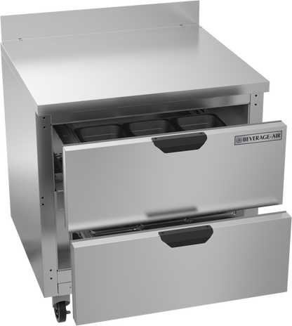 Stainless steel undercounter refrigerator with drawers on a white background
