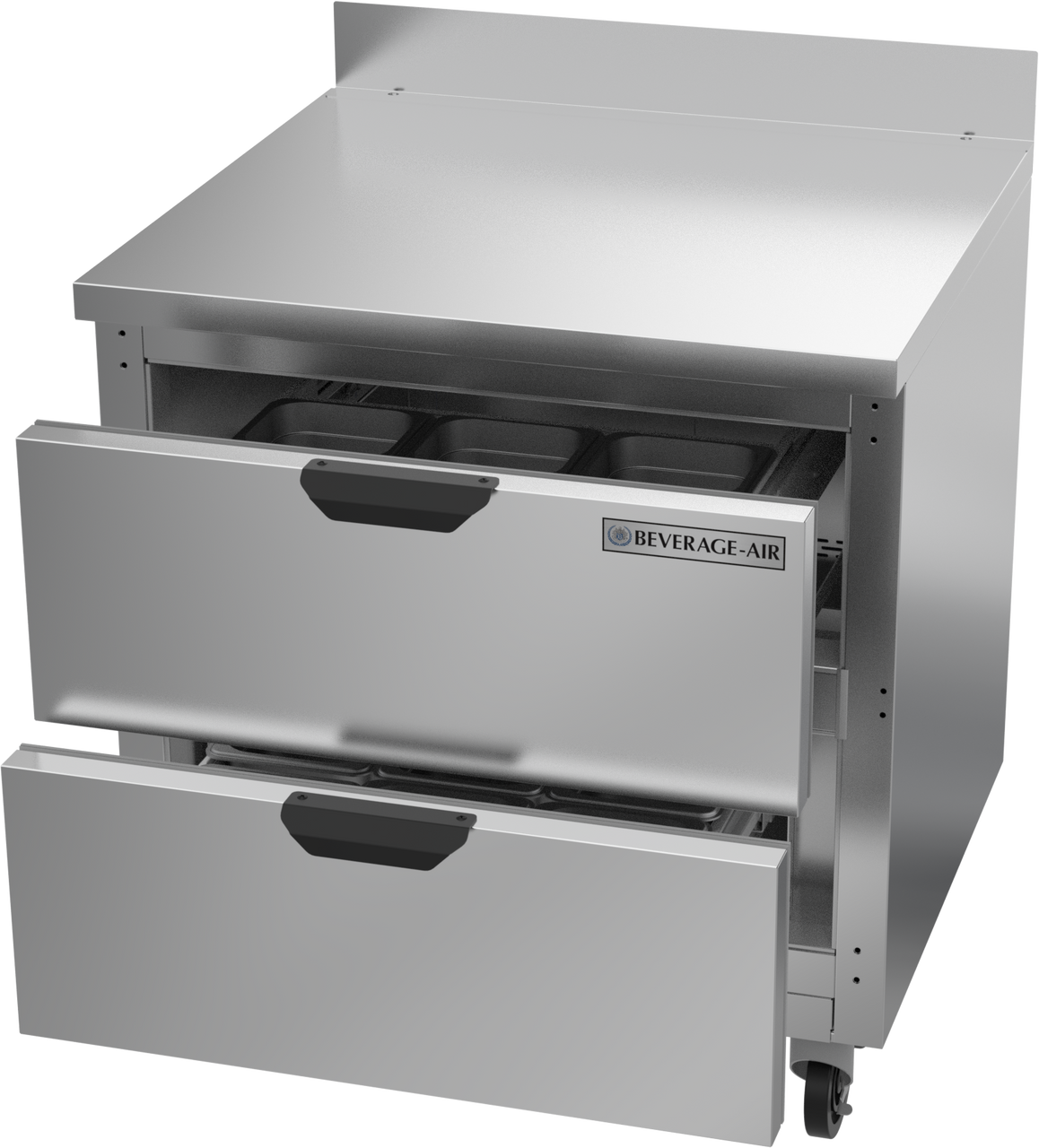 Stainless steel undercounter refrigerator with two drawers open, featuring Beverage-Air logo.