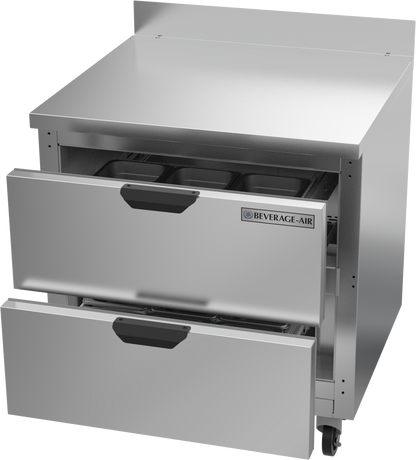 Stainless steel undercounter refrigerator with two drawers open, featuring Beverage-Air logo.