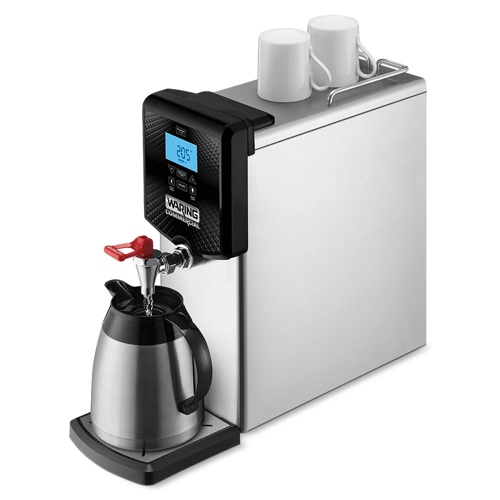 Waring coffee machine with a digital display and a carafe attached, on a white background.